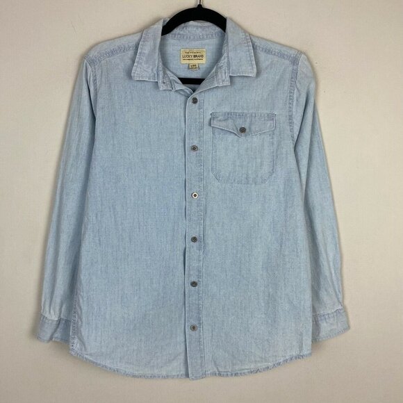 Lucky Brand Boy's Blue Chambray Shirt Button Up Light Wash Spellout Boys Large - Picture 2 of 9